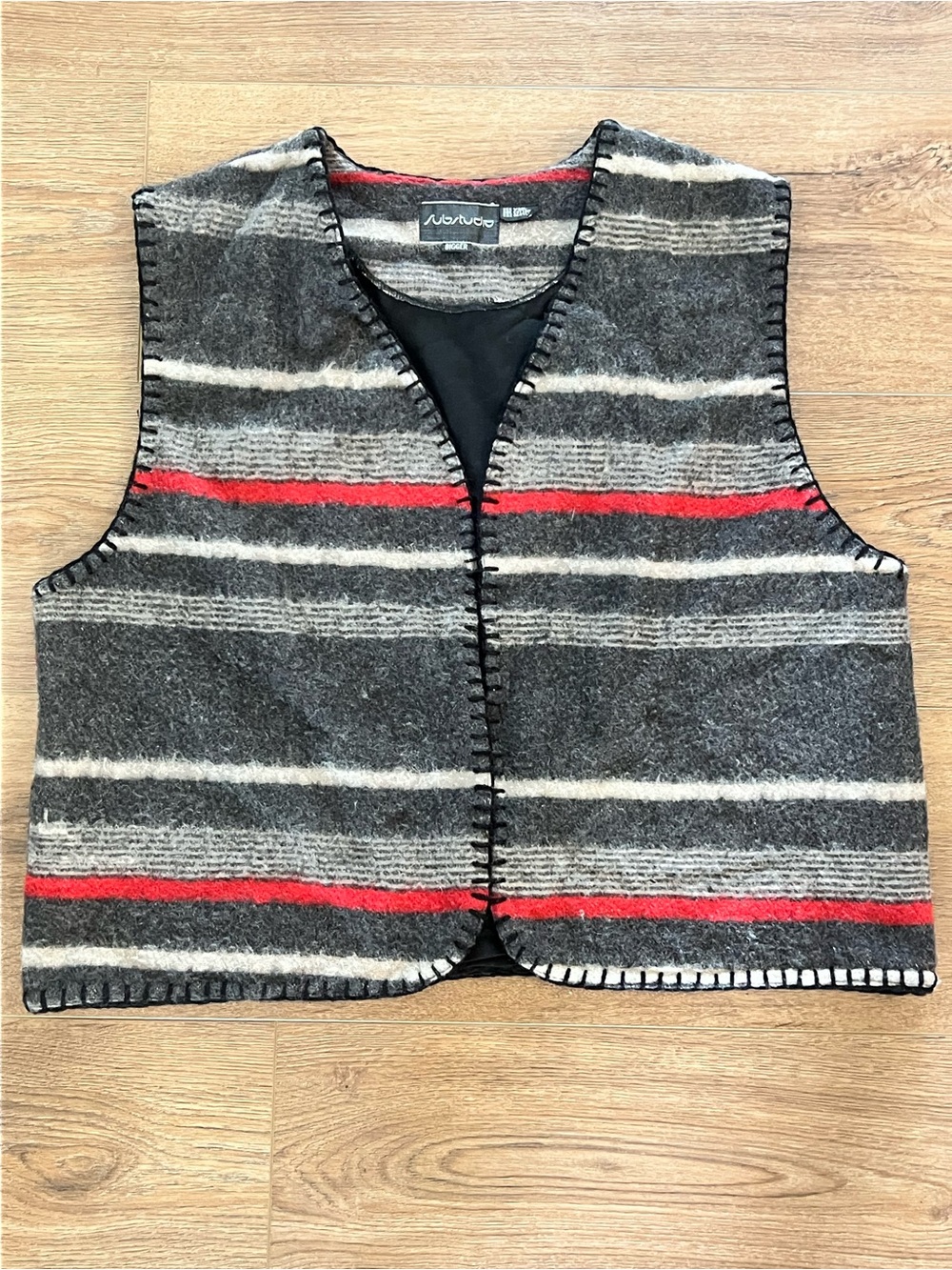 Vintage Sub Studio Striped Wool Blend Vest - Gray with Red & Cream Stripes